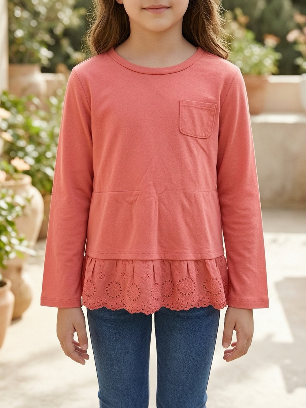 OshKosh B'gosh Coral Long-Sleeve Peplum Top with Eyelet Hem